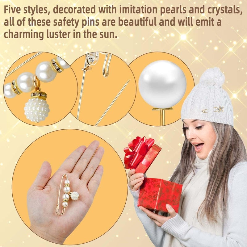 yuntop 5 Pieces Pearl Brooch Safety Pins for Clothes Safety Pin for Women Fashion Sweater Shawl Collar Dresses Cardigan Clips Faux Crystal Pearl Brooches Set for Girls Jewelry Decoration Accessories (Gold) - Image 3
